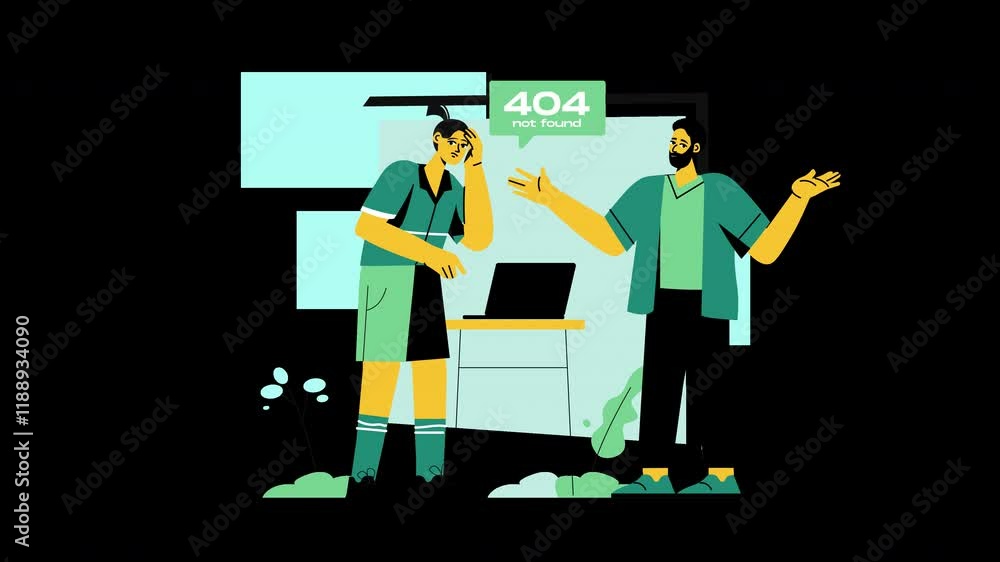 Poster a frustrated woman and a man discussing a computer error in a modern office setting.