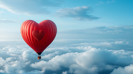 Fototapeta premium Heart-shaped hot air balloon soars above clouds romantic landscape aerial photography dreamy viewpoint love concept