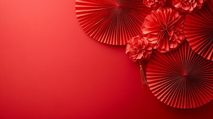 Chinese New Year celebration concept. Banner design with red paper fans decorations on red background with copy space.