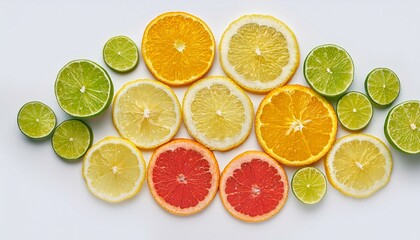 Fototapeta premium multicolored composition with slices of bitter citrus fruits lime and lemon remoted on a white background