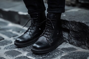 Close-up photo of stylish black leather boots on cobblestones.