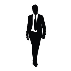 Silhouette of a businessman or a male model wearing a suit with a walking style, vector illustration on a white background.