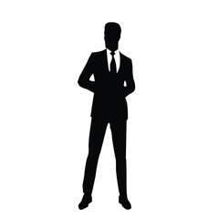 Silhouette of a businessman or a male model wearing a suit with both hands behind his back, vector illustration on a white background.