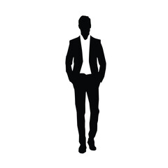 Silhouette of a businessman or a male model wearing a suit with both hands in pockets, vector illustration on a white background.