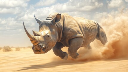 Fototapeta premium Powerful rhino leaps through desert dust