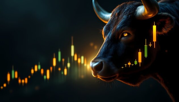 Bull Representing Stock Market Growth with Rising Financial Charts in Background