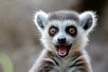 Fototapeta premium A playful lemur displays a joyful expression in a close-up shot.