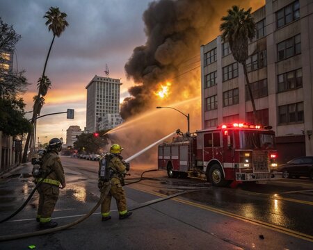 Firefighters battling a massive fire in the hills of Los Angeles, using hoses and equipment, with flames and smoke surrounding the rugged landscape,Generative Ai