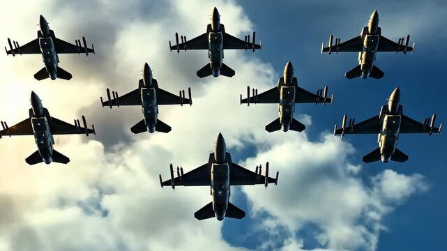 Formation flying display by fighter jets under a cloudy sky during a military exhibition in the afternoon