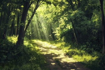 Fototapeta premium Sunlit Path Through Lush Green Forest Trees