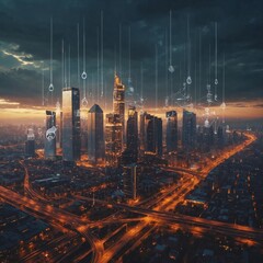 A modern city with a wireless network connection concept and cityscape. Technology concept.