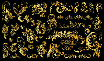 Set of Gold floral elements for design, abstract flower vector decor, decorative corner ornaments..eps