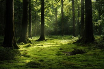 Obraz premium Sunlit Mossy Forest Floor Among Tall Trees