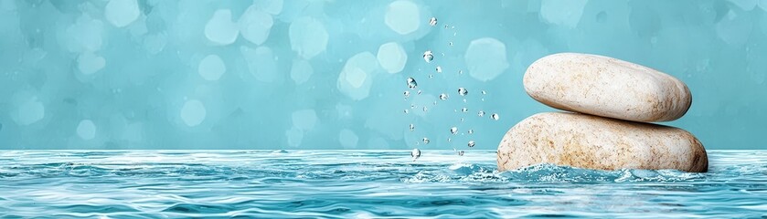 Tranquil Scene with Stack of Smooth Stones on Water Surface with Gentle Bubbles and Blue Background