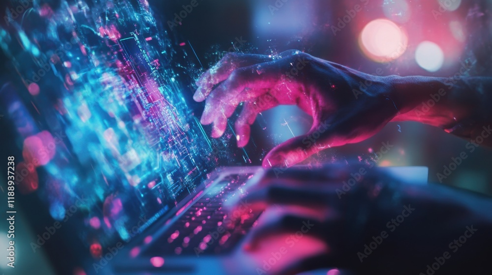 Poster close up of hands using laptop with abstract glowing ai chip on blurry background. artificial intell