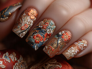 a girl nails with intricate floral embroidery designs. The nails feature vibrant red and gold flowers with green leaves, adorned with small crystal embellishments