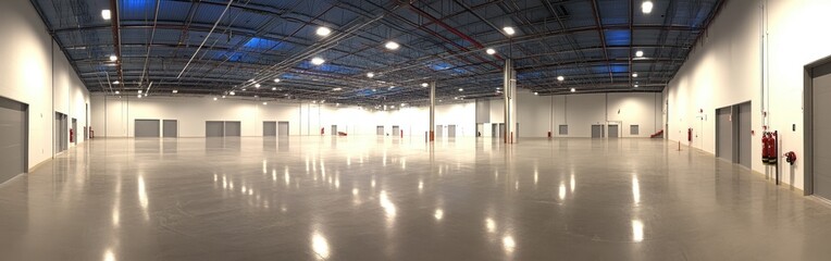 A wide-angle photograph of an empty warehouse with a white floor, blue ceiling, and gray walls. The interior is illuminated by bright lights.