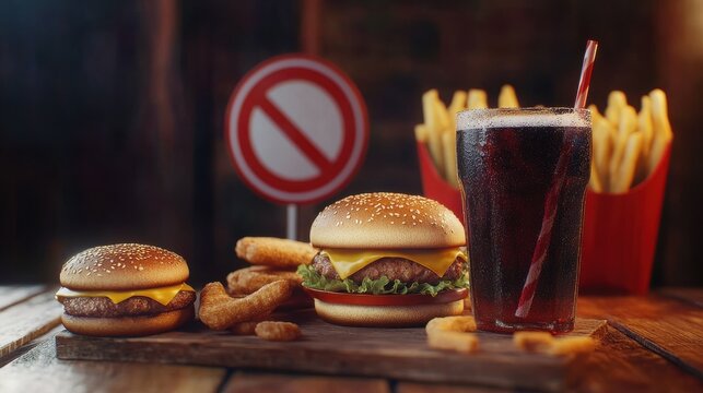 fast food, low carb diet, fattening and unhealthy eating concept - close up of fast food snacks and cola drink on wooden table behind no symbol or circle-backslash prohibition sign
