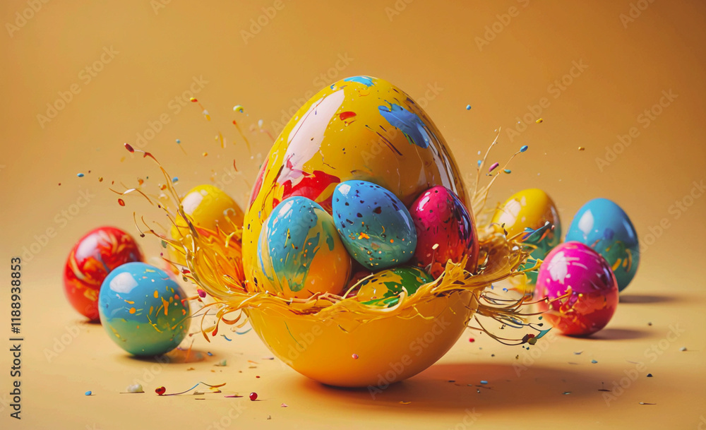 Poster yellow egg with a bunch of other eggs around it. the eggs are in different colors