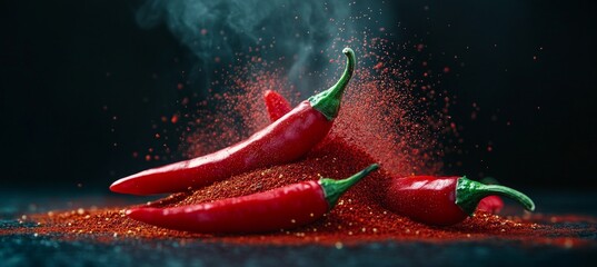Vibrant Red Chili Peppers Covered in Spicy Paprika Dust Cloud Studio Photography Illustration