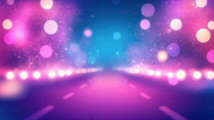 Abstract blurred background with pink and blue gradient light effects, futuristic technology concept. Highway in motion with bokeh lights. Product presentation stage decoration backdrop. illustration