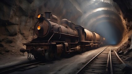 Naklejka premium A rusty old mining train sits in a dark, eerie mine tunnel. The wooden tracks are covered in dust, and the atmosphere is tense, evoking a sense of abandonment and mystery. 