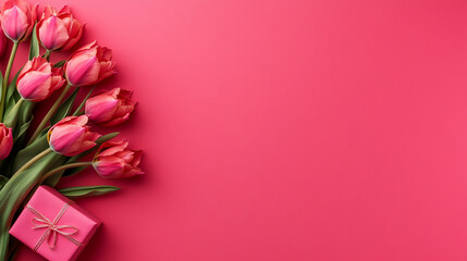 Fototapeta premium Beautiful pink tulips arranged on vibrant pink background.