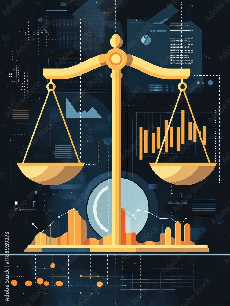 Poster symbolic representation of balance with scales and graphs, illustrating business analytics and decis