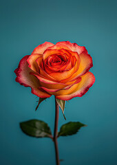 Fototapeta premium Vibrant orange rose with red edges on teal background
