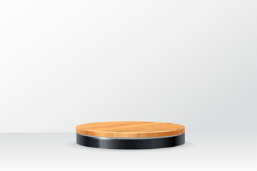 3D wooden and black podium on gray background. Round stage display product. Empty circle stand pedestal of natural wood for luxury product presentation. Realistic modern vector illustration.