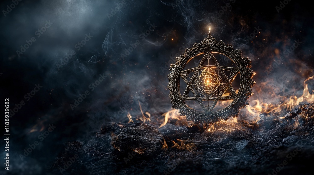 Poster devotee meditating with pali yantra in mystical setting spiritual art dark atmosphere ethereal viewp