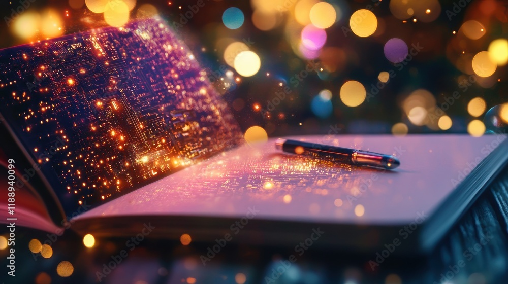 Poster close up of notebook with abstract glowing ai chip on blurry background. artificial intelligence and
