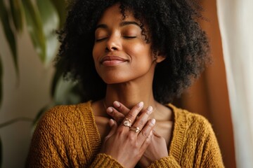 Serene young woman practicing mindfulness with eyes closed and hands on chest