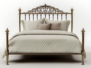 Classic brass bed with detailed headboard, white background,