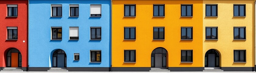 Fototapeta premium Vibrant Colorful Buildings with Blue, Yellow, and Red Facades in a Modern Urban Environment