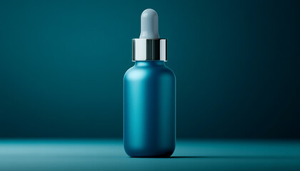 Elegant blue glass dropper bottle on a minimalist background.