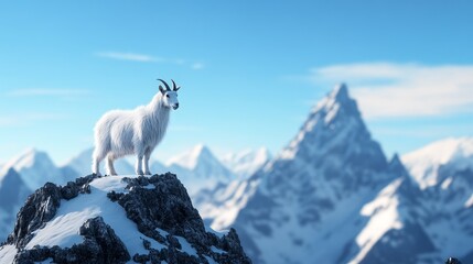 Naklejka premium Mountain Goat Peak Majesty - A majestic mountain goat stands proudly atop a snow-capped peak, symbolizing strength, resilience, freedom, solitude, and the beauty of nature.