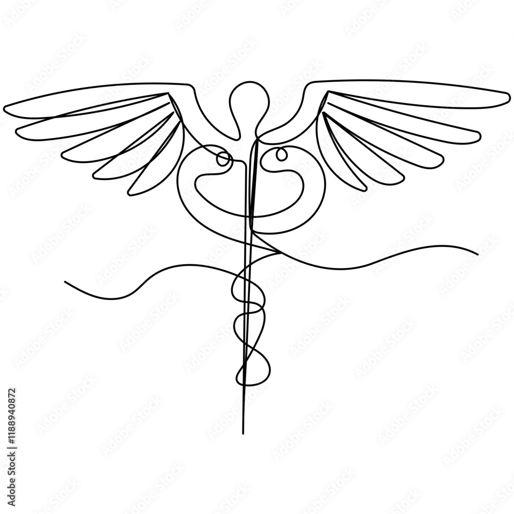 Poster caduceus single line art, continuous one line drawing of isolated outline vector icon