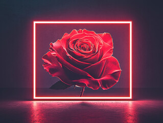 Vibrant red rose glowing in neon frame against dark background