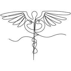 Caduceus  single line art, continuous one line drawing of  Isolated outline vector icon 