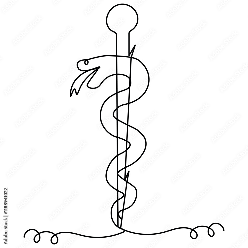 Poster caduceus single line art, continuous one line drawing of isolated outline vector icon
