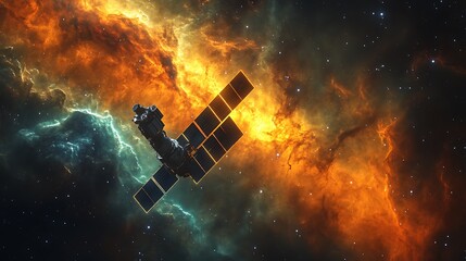 Satellite Exploring a Fiery Cosmic Nebula in Space