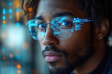 artificial intelligence security concept african american it specialist analyzing holographic data networks with cybersecurity interface elements