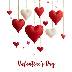 Minimalist festive holiday card with red and white heart decorations isolated on a transparent background