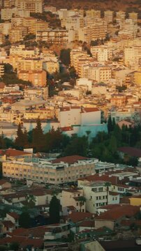 Kusadasi, Aydin, Ayd n Province, Turkey. Old Residential Houses And Kusadasi Cityscape In Sunny Summer Day. Kusadasi Skyline At Aegean Coast, Turkey
