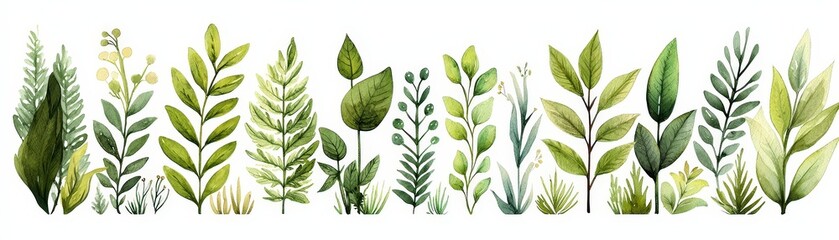 Colorful Collection of Various Green Leafy Plants and Botanical Elements in Watercolor Style