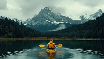 A woman in a yellow jacket kayaking on a lake with a mountain background, a panoramic photograph, real photography.