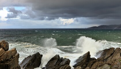Fototapeta premium Nature's wrath is displayed in crashing waves. 