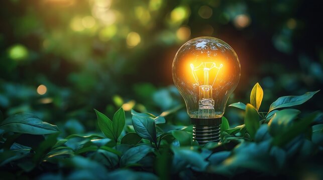 Eco-friendly energy efficiency solution concept. Industrial sector energy optimization shown with glowing bulb in green plants. Innovative clean energy program. Modern consultancy approach.