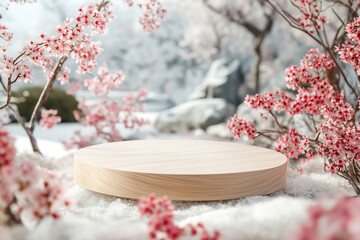 3d Winter wooden podium mockup model for cosmetics, products, perfume or jewelry, spring cherry blossom background, plum blossom background